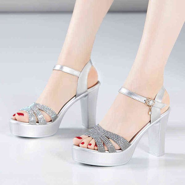 Sandali Big Size 32-43 Piattaforma Donna Scarpe da sposa Estate strass Block Tacchi alti Ladies Sandalo SIlver 220121