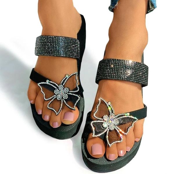 

girls open toe rhinestone flip flop slippers crystal bling wedges women summer outdoor shoes woman, Black
