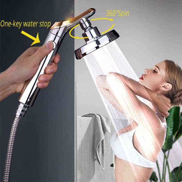 Basınçlı yağış duş başlığı ayarlanabilir 360spin su tasarrufu bir düğme durdurmak için el-tutu püskürtme memesi banyo seti H1209