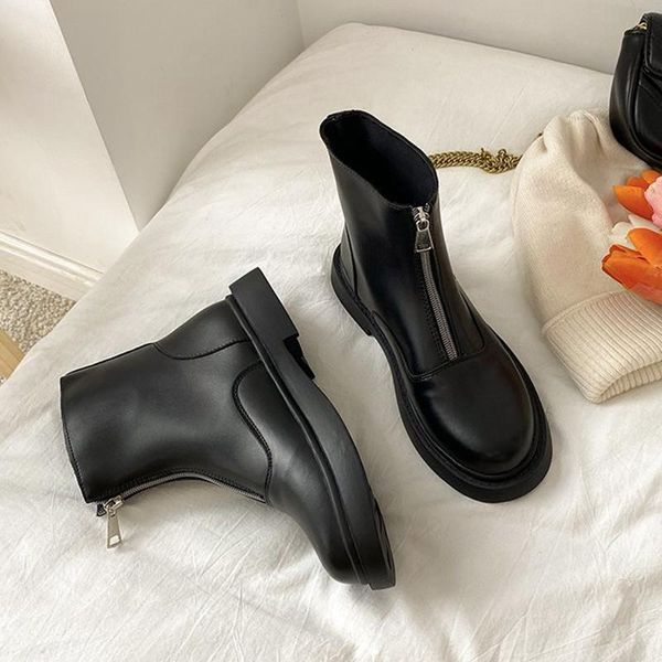 

med heel boots boots-women summer booties shoes round toe luxury designer zipper flat 2021 rock ankle ladies rubber fashion, Black
