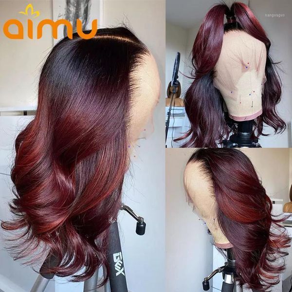 

burgundy ombre colored human hair lace front wig glueless hd 13x6 frontal for women pre plucked closure full nature1, Black;brown