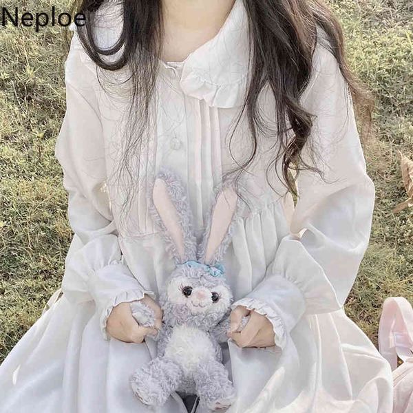 Neploe Japanisches weißes Lolita-Kleid Frauen Peter Pan-Kragen Süße Kawaii Vestidos Mujer Laterne Langarm Lose süße Kleider 210422