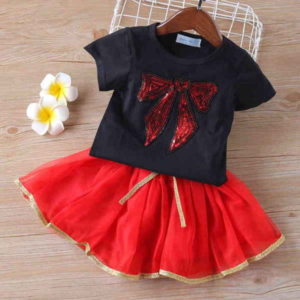

girl's dresses girls set summer clothes skirt 2pcs toddler children bowknot print girl kid fb4j, Red;yellow