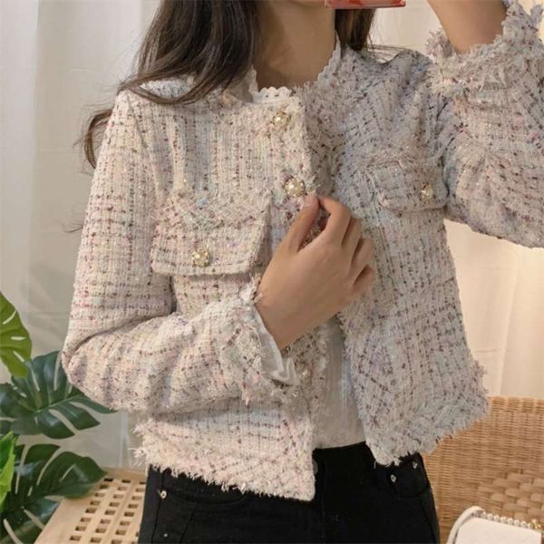 

zawfl autumn winter tweed jackets women o-neck long sleeve loose wool coat single breasted outwear vintage harajuku 210928, Black;brown