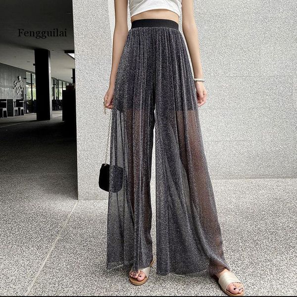 

women's pants & capris summer women white see through wide leg high waist casual trousers beach long loose mesh sheer korean plus size, Black;white