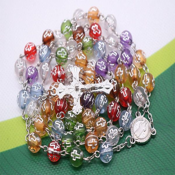 

christian cross color rosary 8mm round beads catholic with holy land medal prayer religious jewels pendant necklaces, Silver