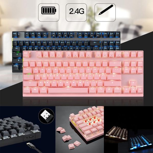 

keyboards gk82 2.4ghz/ bluetooth wireless keyboard dual mode mechanical green shaft pink black