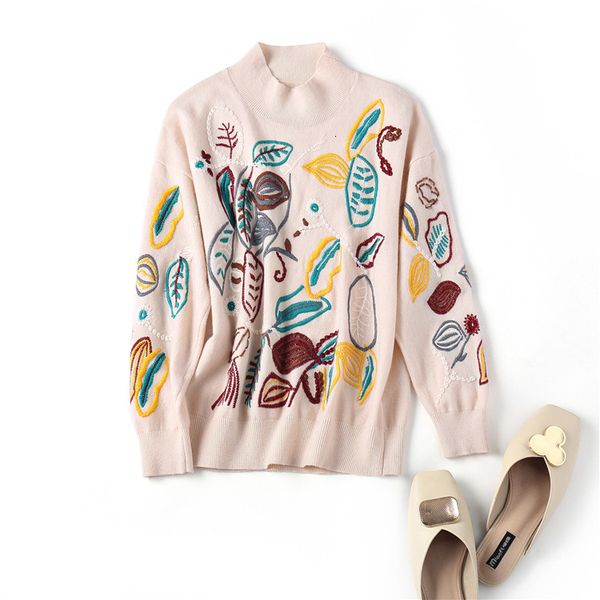 

women's sweaters european and american women's wear winter style long-sleeved leaf embroidery fashion knit sweater y066, White;black