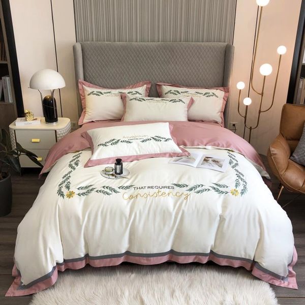 

luxury white pink satin embroidery egyptian cotton duvet cover bed linen fitted sheet pillowcase bedclothes king  size 4pcs bedding set