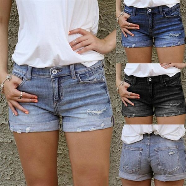 

women's shorts vintage ripped hole fringe blue denim women casual button pocket jeans 2021 style, White;black