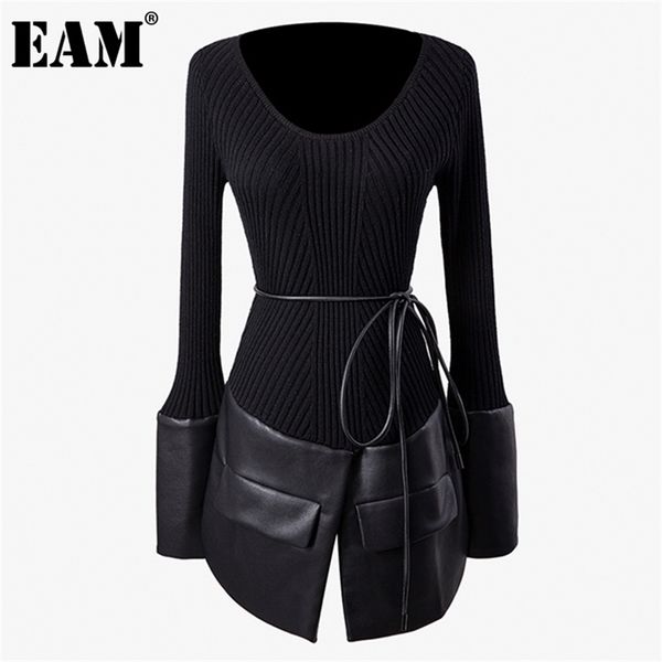 

[eam] spliced pu leather knitting sweater loose round neck long sleeve women pullovers fashion autumn winter 1dd2424 210914, White;black