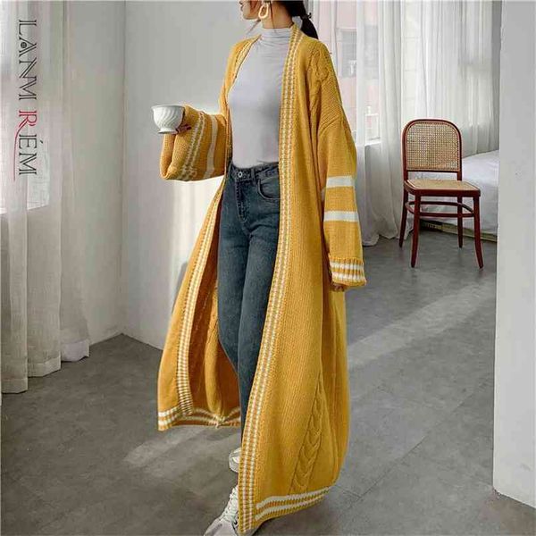 

lanmrem autumn long style cardigan for women loose striped patchwork casual knitted sweater coat pc425 210918, White;black