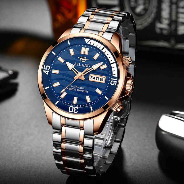 

ailang automatic mechanical rvs sport and leisure waterproof lighting sphere luxury calendar week men's watch, Slivery;brown