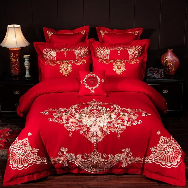 

bedding sets luxury gold rose embroidery 100% cotton red chinese style duvet cover pillowcases set wedding 4/6/9pcs bed sheet/linen