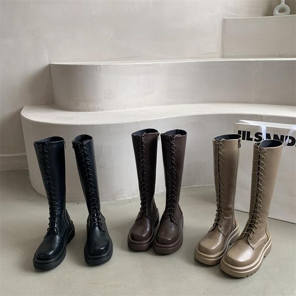 

boots lace-up height increasing platform knight solid round toe women shoes knee-high bottes femme, Black
