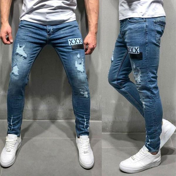 

men's jeans jeans, european and american style zipper badge worn fashionable blue skinny