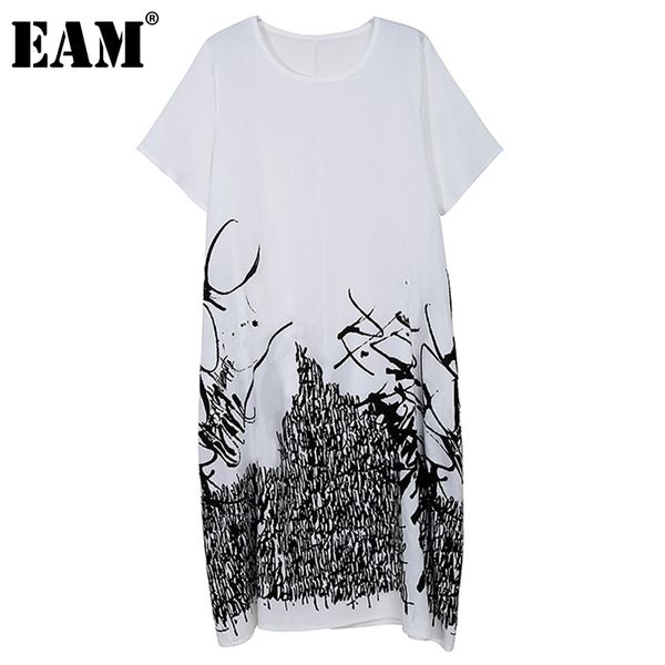 

[eam] women white big size print casual dress round neck short sleeve loose fit fashion spring summer 1dd7146 210512, Black;gray