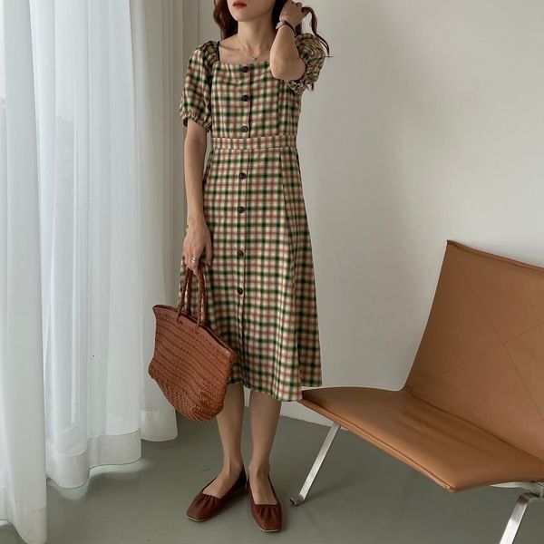 

casual dresses new summer 2021 retro square collar plaid elegance a-line waist-controlled chic gentle all match vintage geomet, Black;gray