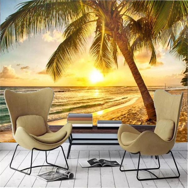 3D Paisagem Papel de Parede Beautiful Coconut Beach View HD Impressão Digital Sala de estar Quarto Decorativo Wall Paper Papéis de Parede Mural