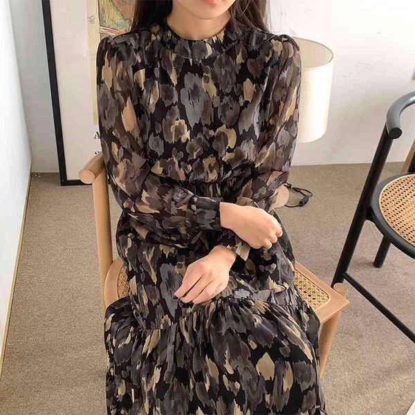 

spring retro o neck slim high waist ink flower print design full chiffon dresses for women 210421, Black;gray