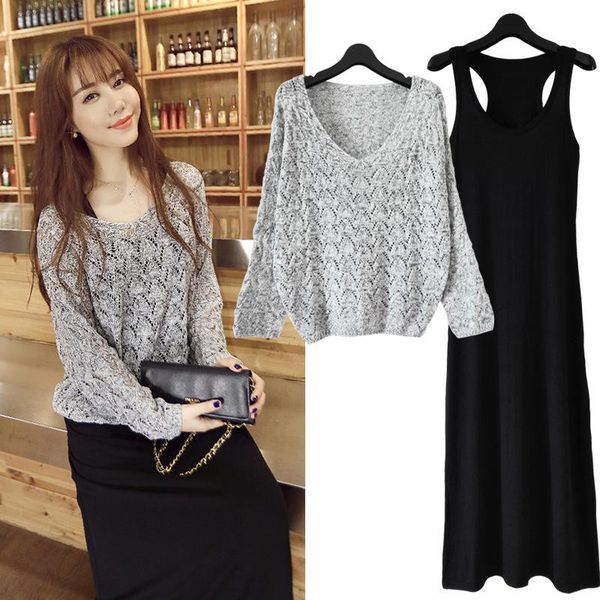 

casual dresses 2021 autumn style long dress two pieces slim black kintted hollow out v-neck gray red colors , piece set, Black;gray