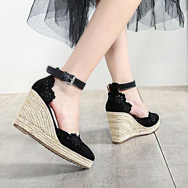 

dress shoes 2021 wedges high heels for women's with hollow pointed rope weaving single, Black
