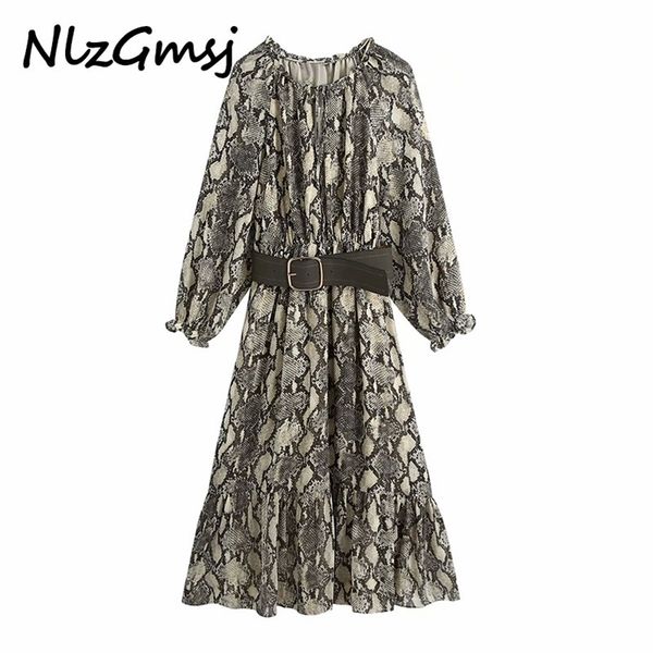 

women chic fashion with belt snake print ruffled midi dress vintage long sleeve elastic waist female dresses muj 210628, Black;gray