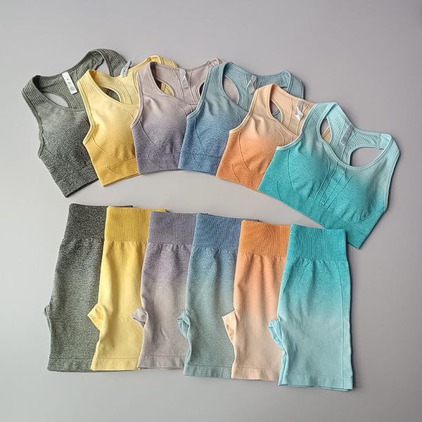 

yoga outfit 2 pieces women gym clothing fitness for female set seamless high waist leggings sport bras tracksuit gradient