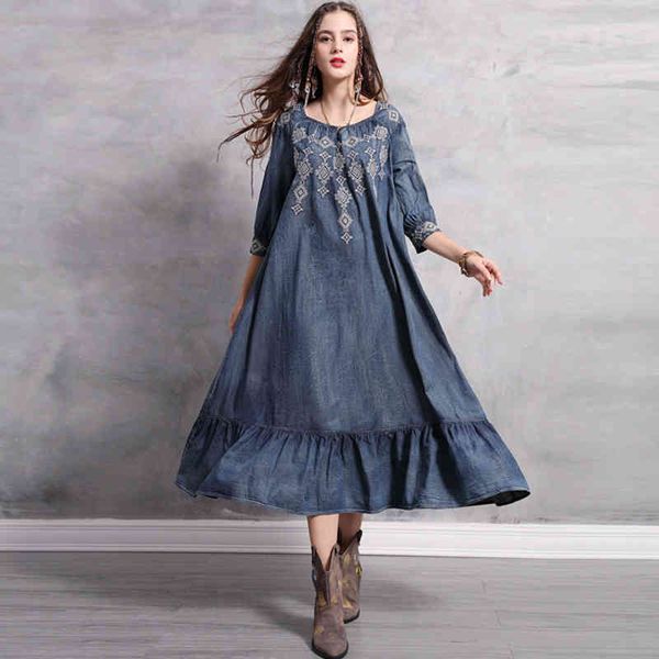 

johnature women embroidery floral denim dresses vintage autumn blue ruffle sweep patchwork female chinese style dress 210521, Black;gray
