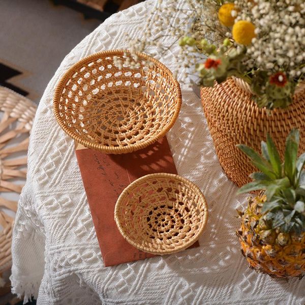 

storage baskets 1pc hand-woven round basket bread fruits box vegetable organizer rattan wicker kitchen supplies household tools