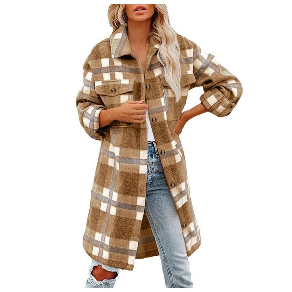 

women's wool & blends 2021 winter women checked jacket casual oversized turn down collar plaid long coat female thick warm woolen overc, Black