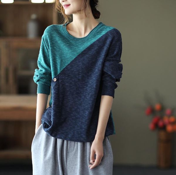

women's t-shirt 2021 knitting women spring autumn retro casual o-neck spliced button loose vintage, White