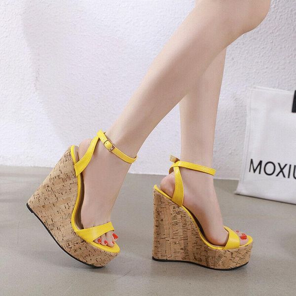 

sandals women ankle strap wedge high heels summer peep toe platform casual shoes, Black