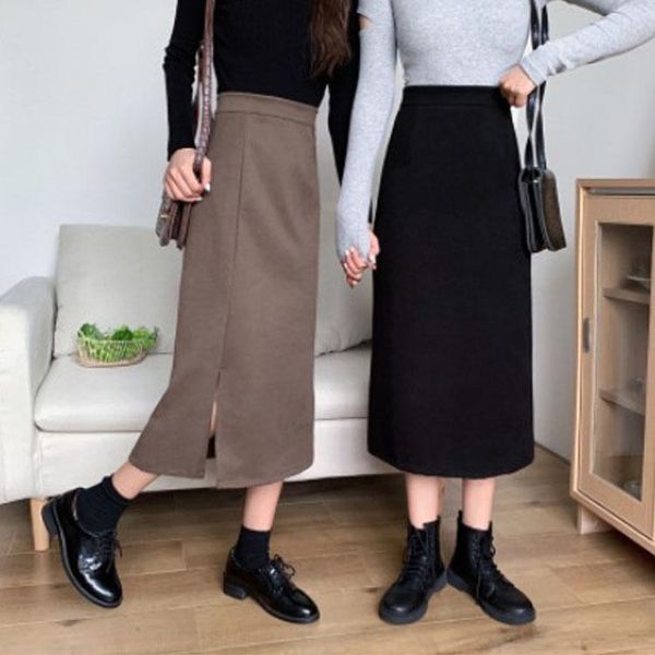 

skirts womens plus size autumn and winter mid-length woolen slit a-line skirt solid color cotton calf length straight, Black