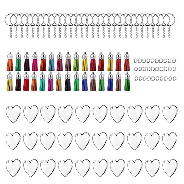 

keychains 120pcs acrylic transparent heart discs blank and tassel pendant keyring for diy project crafts, Silver
