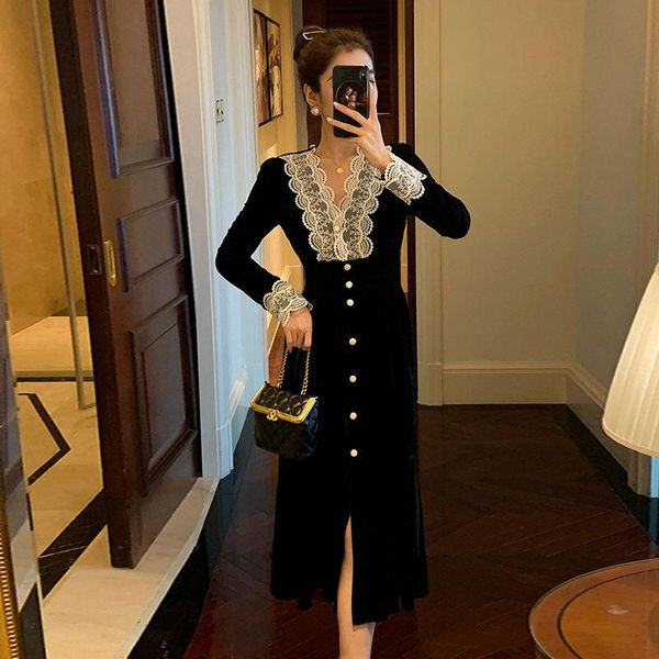 

casual dresses women 2021 spring french retro long sleeve black dress female lace v-neck patchwork ladies loose a-line vestidos t464, Black;gray