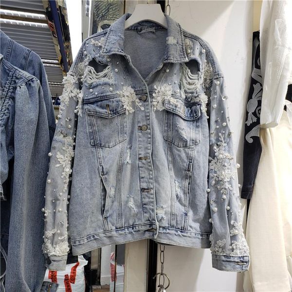 

women's jackets european fashion denim jacket woman 2021 autumn exquisite rhinestone beaded three-dimensional flower loose hole jeans c, Black;brown