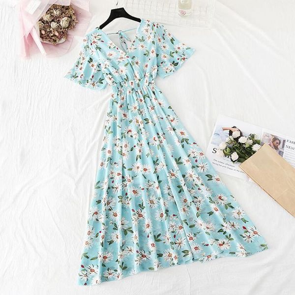 

casual dresses 2021 floral women dress bohemian v-neck a-line short sleeves chiffon summer vintage beach print long, Black;gray