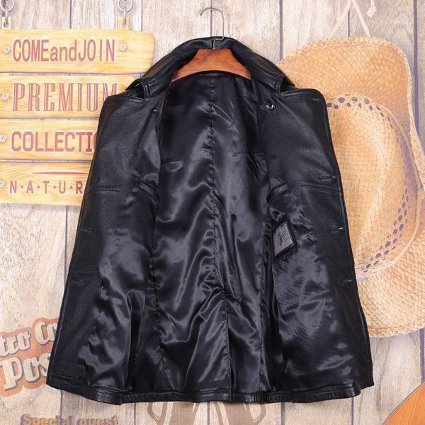 

men's leather & faux 2021 black long genuine jacket men casual style double breasted plus size 5xl real natural cowhide autumn pea coat