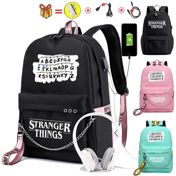 Fêmea Backpack Estranho Coisas de Canvas Backpack Canvas Schoolbag Mulheres Cartas Imprimir Girls Ribbons USB Charge Backpack Y0804