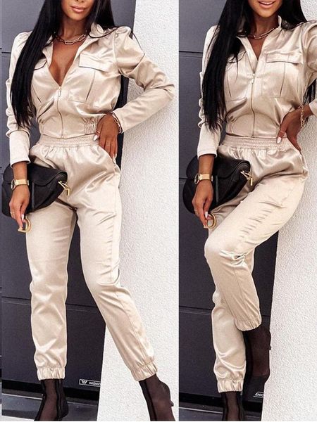 

women's two piece pants suit 2021 cargo zipper up flap pocket coat & shirred set urbano casual roupas femininas com frete gratis wholes, White