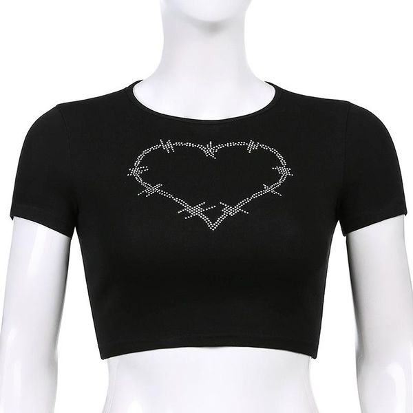 

women's t-shirt heart diamond printed y2k crop women vintage retro aesthetic 90s tees casual crewneck short sleeves tshirts, White