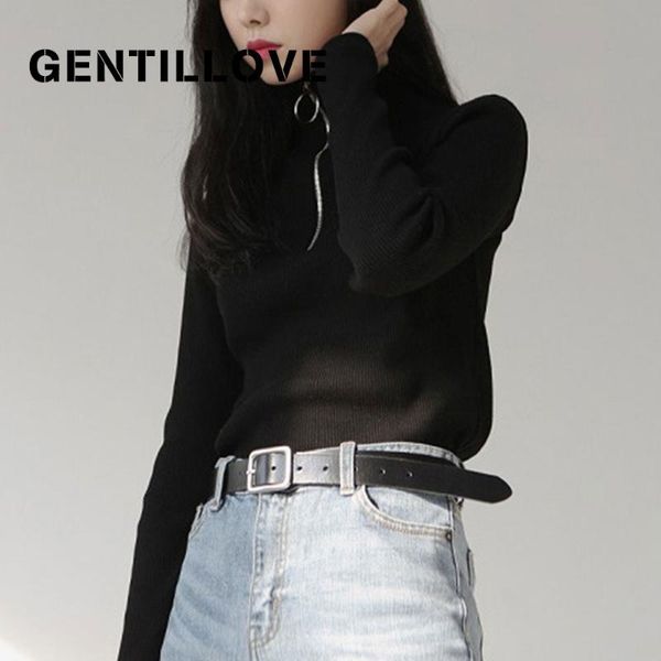 

gentillove elegant solid zipper pullovers women's korean turtleneck knitting sweater casual winter jumpers women clothes sweaters, White;black
