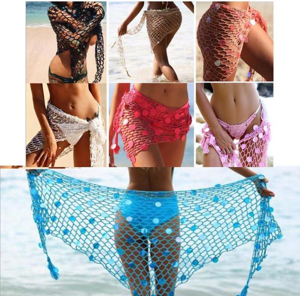 Ankunft 7 Farben Sommer Sexy Frauen Pailletten Aushöhlen Fishnet Häkeln Mesh Bikini Cover Up Bademode Bade Strand Kleid Sarongs