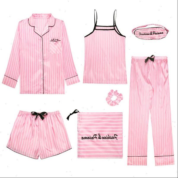 

spring summer 7 pcs womens sleepwears set silk pijamas pajamas print shorts long sleeve elastic waist pants full lounge, Black;red