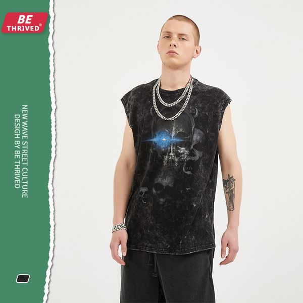 

be men's clothing | 2021 summer high street hem split shoulder svels skull loose fashion brand vt t-shirt for men, Gray