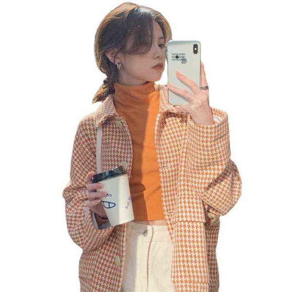 

autumn and winter little qianniao lattice vitality orange loose lapel thick coat female small short, Black;brown