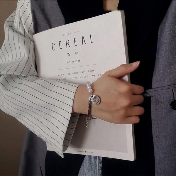 

charm bracelets punk hip hop asymmetric faux pearls beaded bracelet for women square beads coin linked chains titanium steel jewelry, Golden;silver