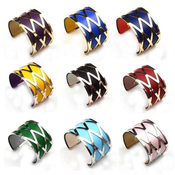 

spring jewelry women 1.6inch large wide open bracelet removable color pu leather cuir hollow cuff manchette geometric figure q0719, Black