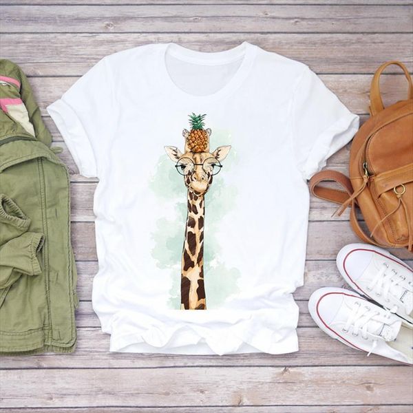 

cartoon giraffe pineapple fruit fashion womens t shirt 90s print graphic ladies female tee, White